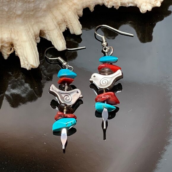 Turquoise Coral Smokey Quartz Chips Silver tone Handmade Pierced Earrings LR146 - Picture 1 of 3